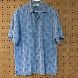 Tommy Bahama Silk Button‎ Down Shirt Vacation Resort Blue Check Square Medium